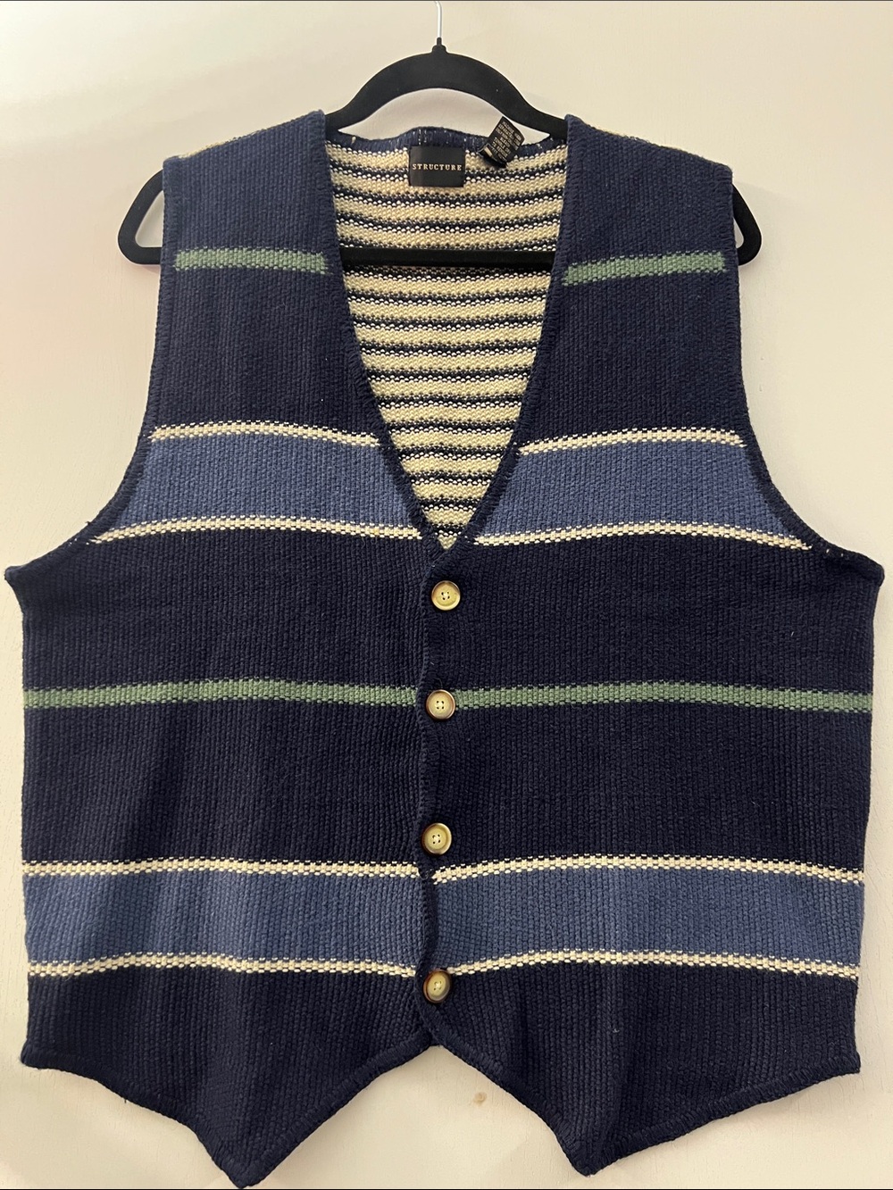 Structure Navy Striped V-Neck Knit Vest with Blue, Cream & Green Bands.